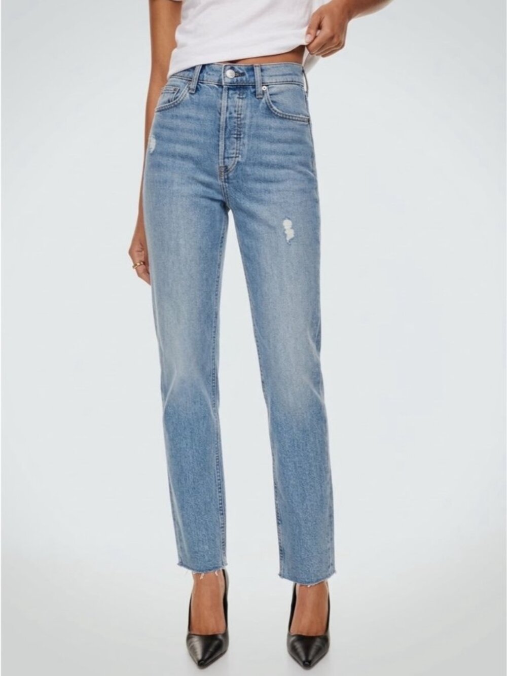 Aritzia Denim Forum Arlo High Rise Straight Leg Jeans Stretchy RAW HEM 24 medium